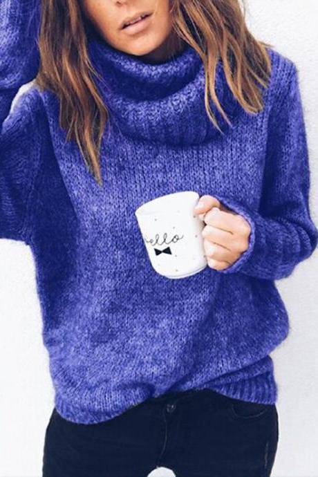 Women Knitted Sweater Autumn Winter Turtleneck Long Sleeve Solid Casual Loose Warm Pullover Tops Blue