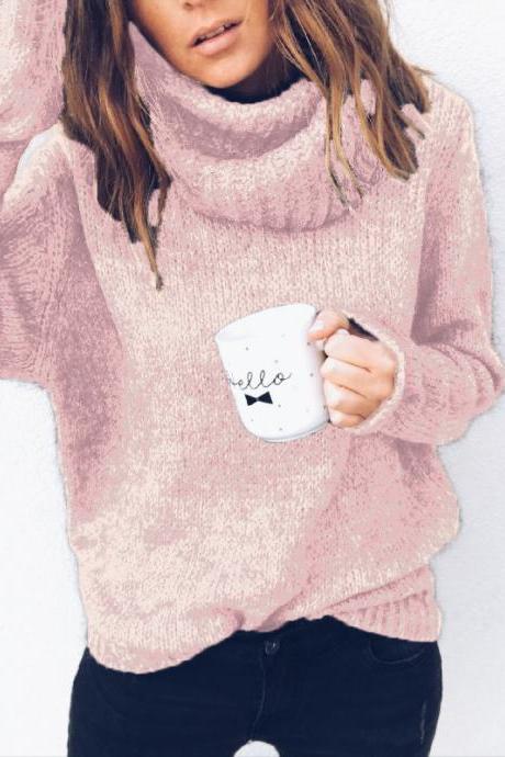  Women Knitted Sweater Autumn Winter Turtleneck Long Sleeve Solid Casual Loose Warm Pullover Tops pink