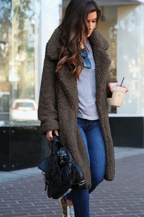 Women Plush Coat Winter Thick Long Sleeve Turn-down Collar Casual Loose Fleece Warm Long Jacket Outerwear dark gray 