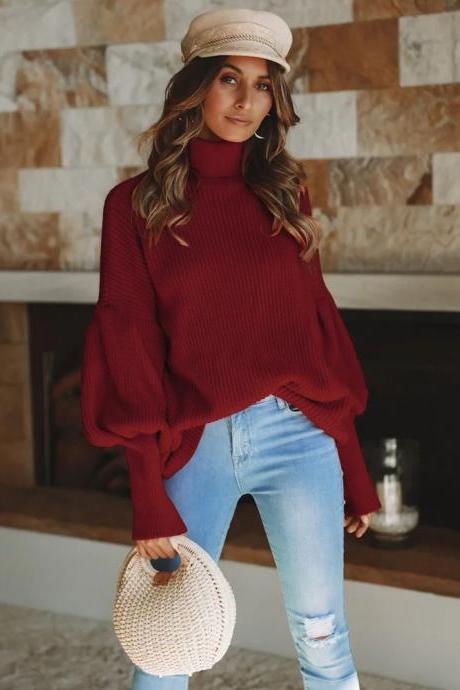 Women Knitted Sweater Autumn Winter Turtleneck Long Lantern Sleeve Solid Streetwear Casual Loose Warm Pullover Tops crimson