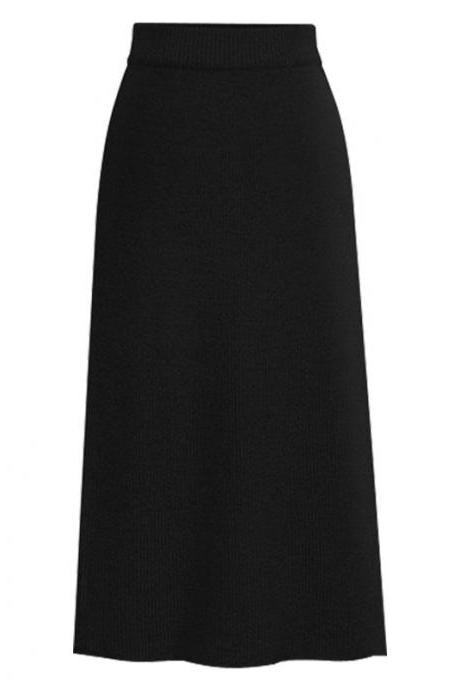 Women Knitted Pencil Skirt Autumn Winter High Waist Back Split Midi Package Hip Slim Bodycon Skirt Black