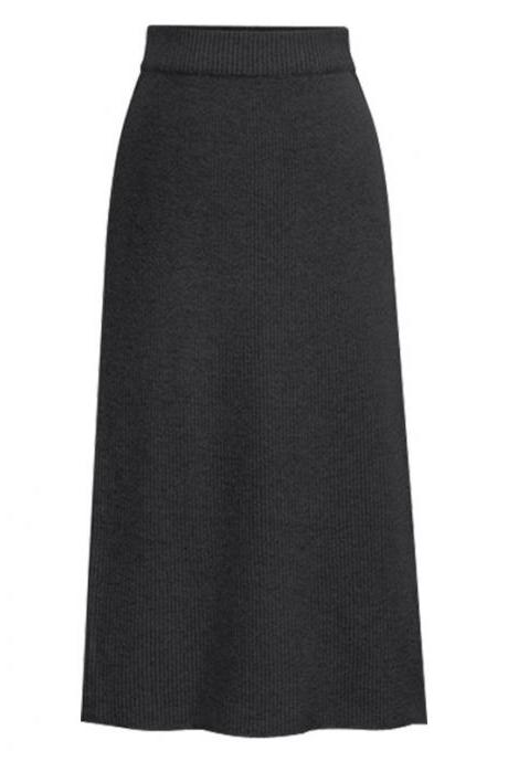 Women Knitted Pencil Skirt Autumn Winter High Waist Back Split Midi Package Hip Slim Bodycon Skirt Dark Gray