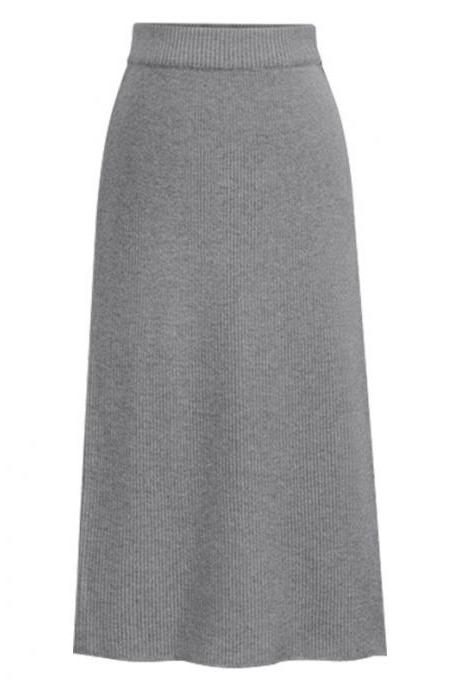 Women Knitted Pencil Skirt Autumn Winter High Waist Back Split Midi Package Hip Slim Bodycon Skirt Gray