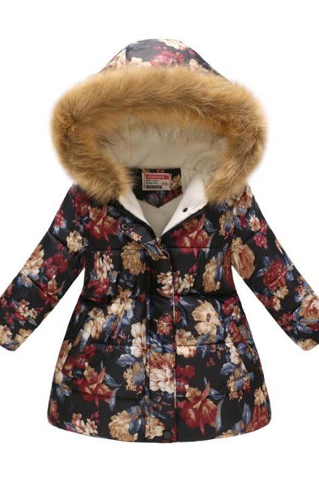 Kids Girls Cotton Down Coat Winter Floral Printed Long Sleeve Hooded Children Warm Thick Fleece Parka Jacket 4#