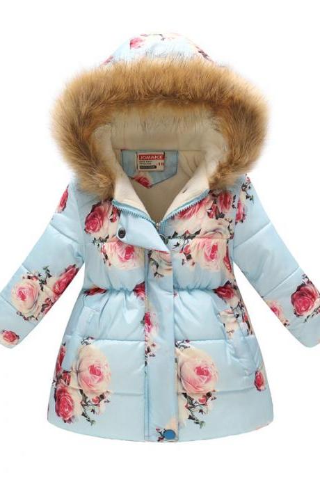 Kids Girls Cotton Down Coat Winter Floral Printed Long Sleeve Hooded Children Warm Thick Fleece Parka Jacket 6#