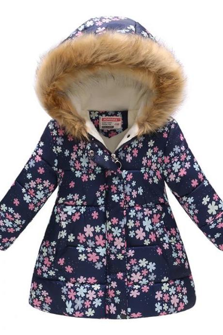  Kids Girls Cotton Down Coat Winter Floral Printed Long Sleeve Hooded Children Warm Thick Fleece Parka Jacket 12#
