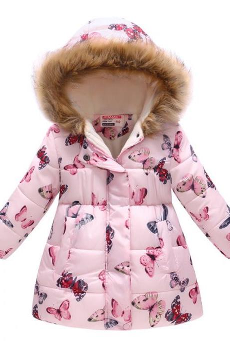 Kids Girls Cotton Down Coat Winter Floral Printed Long Sleeve Hooded Children Warm Thick Fleece Parka Jacket 13#