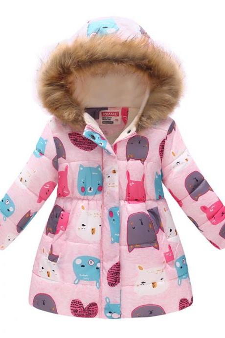Kitty Cat And Bunny Printed Little Parka Winter Coat For Girls Kids