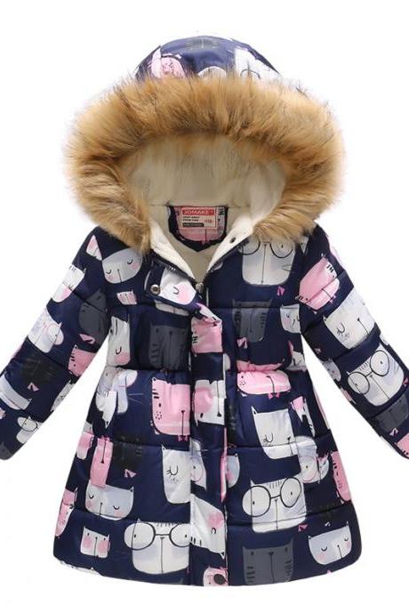 Kids Girls Cotton Down Coat Winter Floral Printed Long Sleeve Hooded Children Warm Thick Fleece Parka Jacket 15#