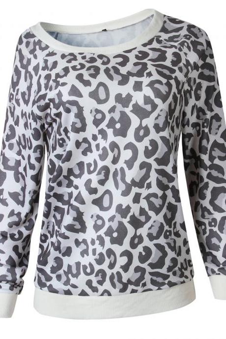 Women Sweatshirt Autumn Long Sleeve O Neck Streetwear Casual Leopard Printed Pullover Tops Gray