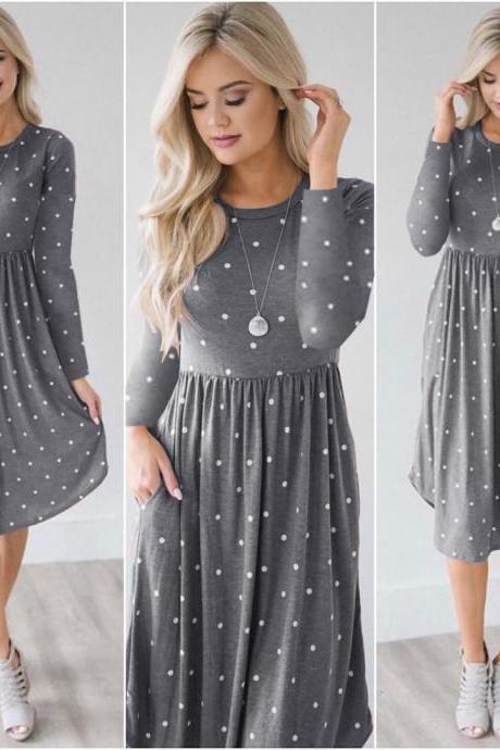  Women Casual Dress Autumn Long Sleeve Pocket Tie Streetwear Loose Striped/Floral Printed Midi Party Dress 100085-gray
