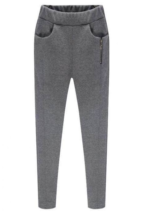  Women Harem Pants Plus Size High Waist Skinny Fleece Casual Warm Zipper Leggings Pencil Trousers gray