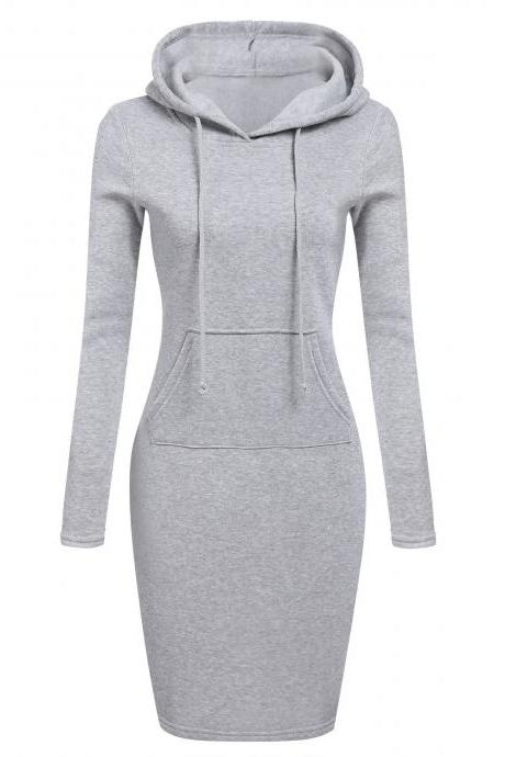 Women Sweatshirt Dress Autumn Winter Long Sleeve Hooded Pockets Casual Slim Hoodie Dress Gray