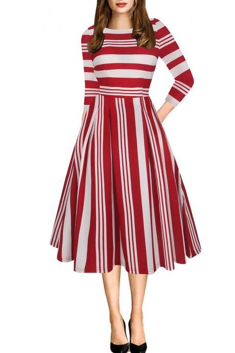 Women Casual Dress Floral/Plaid/Striped Printed 3/4 Sleeve Patchwork Slim A Line Formal Work Party Dress 6#