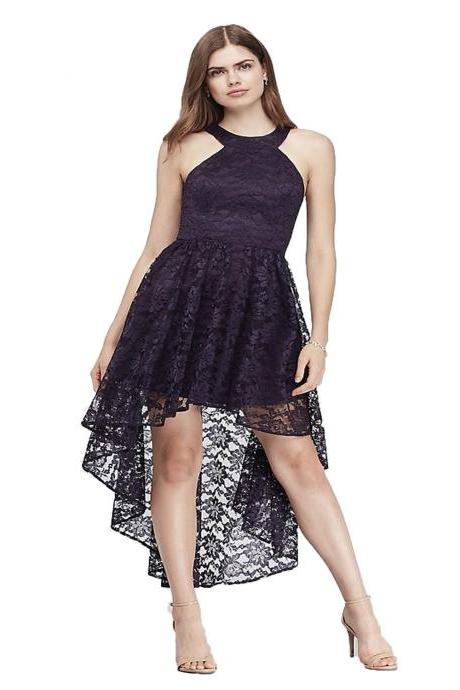  Women Floral Lace Dress O Neck Sexy Sleeveless Backless High Low Club Cocktail Party Dress dark purple