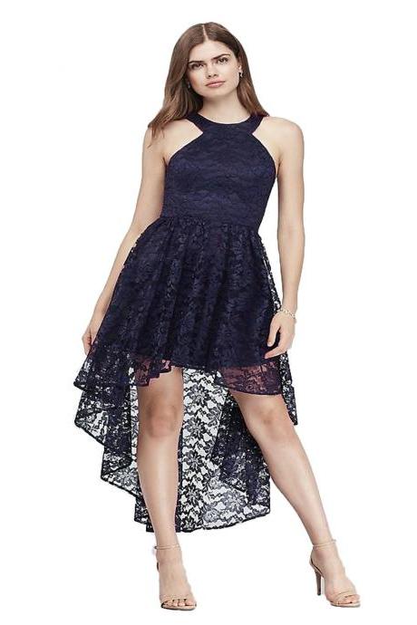 Women Floral Lace Dress O Neck Sexy Sleeveless Backless High Low Club Cocktail Party Dress Navy Blue