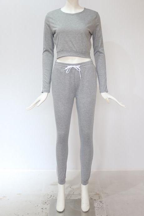 Women Tracksuit Autumn Casual Long Sleeve Crop Top +Long Pants Two Pieces Sets Outfits gray