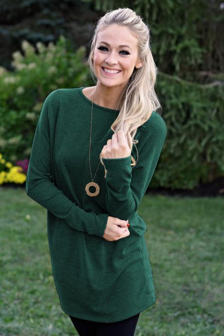 Women Causal Dress Autumn Winter Long Sleeve Loose Knitted Streetwear Mini Dress green