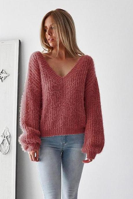  Women Knitted Sweater Autumn Winter Deep V Neck Long Sleeve Backless Loose Thicken Pullover Tops cameo