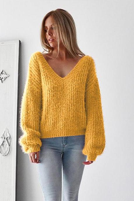  Women Knitted Sweater Autumn Winter Deep V Neck Long Sleeve Backless Loose Thicken Pullover Tops yellow