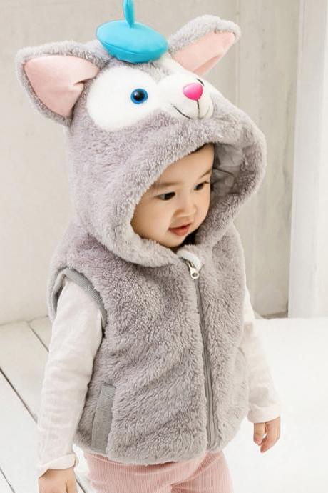  Baby Boys Girls Fleece Waistcoat Winter Warm Cartoon Vest Hooded Kids Children Sleeveless Coat gray