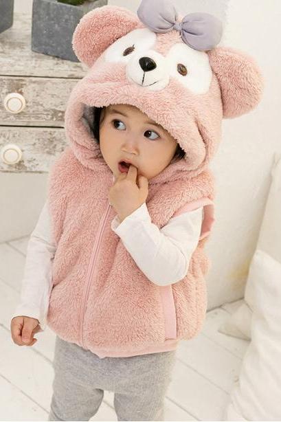  Baby Boys Girls Fleece Waistcoat Winter Warm Cartoon Vest Hooded Kids Children Sleeveless Coat pink