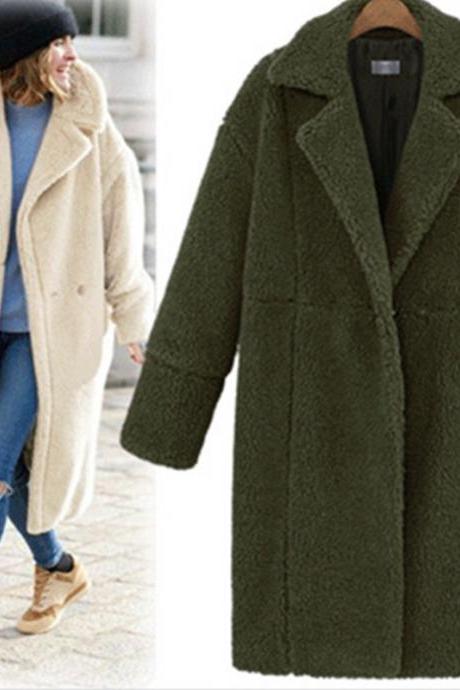  Women Faux Fur Teddy Coat Turn-down Collar Long Sleeve Winter Thick Warm Fluffy Jacket Overcoat Outwear army green