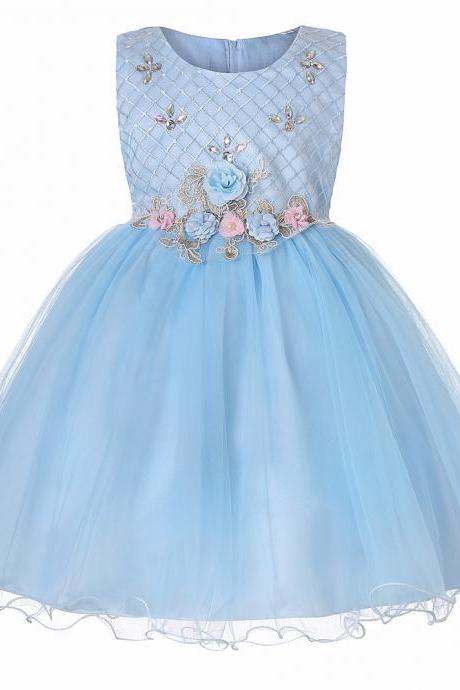 Princess Flower Girl Dress Sleeveless Knee Length Wedding Formal Birthday Party Tutu Gown Children Clothes light blue