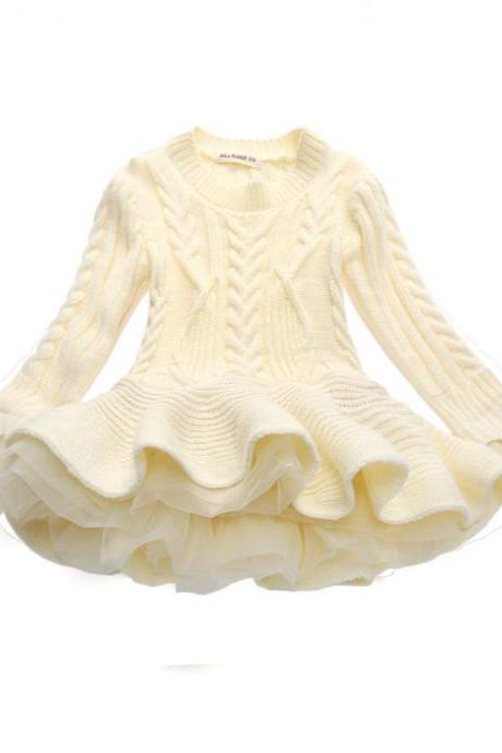  Baby Girl Sweater Dress Long Sleeve Autumn Winter Thick Warm Casual Party Knitted TuTu Dress Children Clothes beige