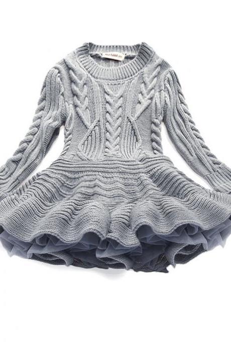 Baby Girl Sweater Dress Long Sleeve Autumn Winter Thick Warm Casual Party Knitted TuTu Dress Children Clothes gray