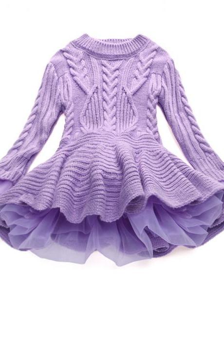  Baby Girl Sweater Dress Long Sleeve Autumn Winter Thick Warm Casual Party Knitted TuTu Dress Children Clothes lilac