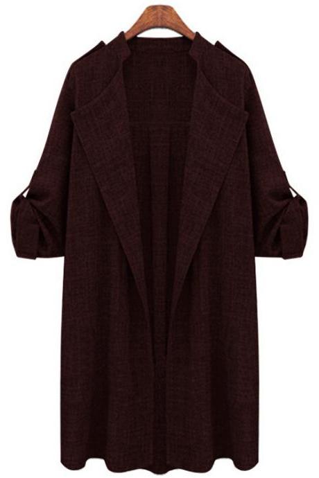 Women Trench Coat Spring Autumn Long Sleeve Plus Size Slim Windbreaker Open Stitch Cardigan Jacket Wine Red