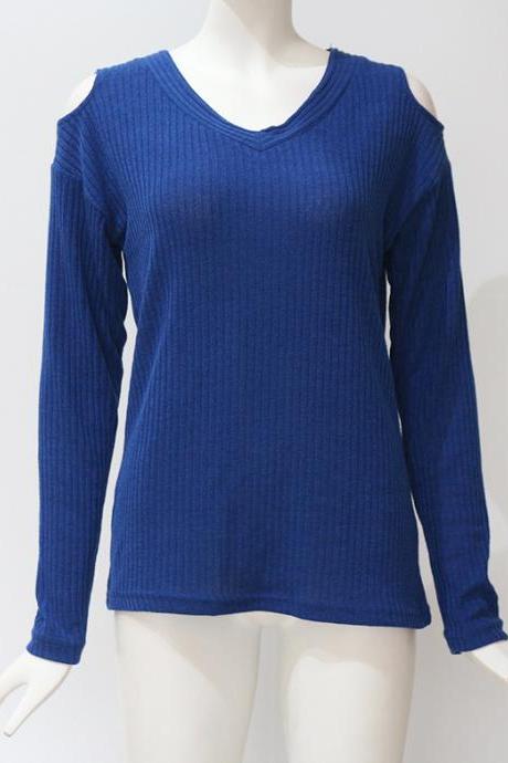Women Knitted Long Sleeve T Shirt Autumn Solid V Neck Casual Slim Off the Shoulder Pullover Tops royal blue