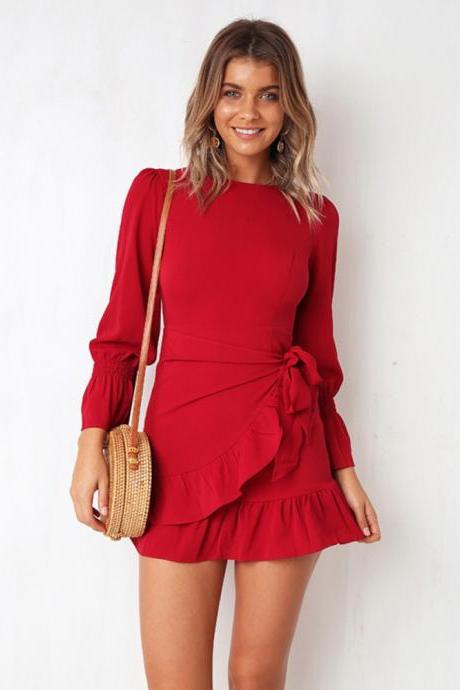  Women Casual Dress Autumn O Neck Bow Wrap Ruffles Slim Long Lantern Sleeve Mini Club Party Dress red