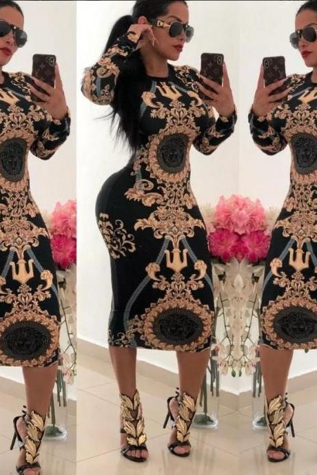 Women Printed Pencil Dress Autumn Long Sleeve Casual Knee-length Package Hip Bodycon Party Dress 2#