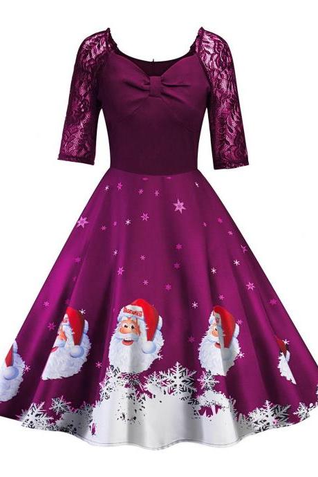 Women Printed Dress Vintage Half Sleeve Christmas Lace Patchwork Casual Evening Party Swing Dress purple