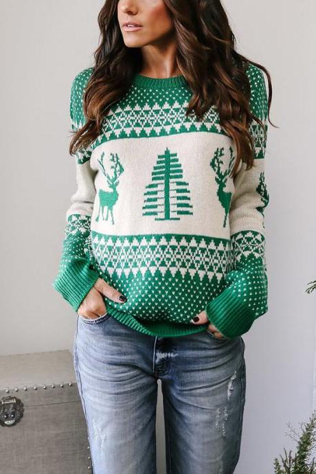 Women Knitted Sweater Christmas Deer Printed Autumn Winter Long Sleeve Casual Loose Pullover Tops green