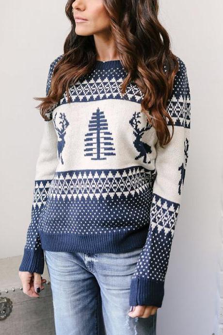 Women Knitted Sweater Christmas Deer Printed Autumn Winter Long Sleeve Casual Loose Pullover Tops navy blue
