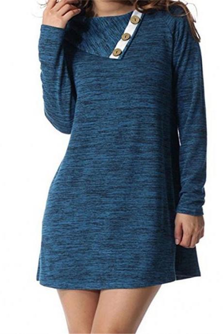 Women Mini Dress Autumn Winter Asymmetrical Neck Long Sleeve Causal Loose Button T Shirt Dress navy blue