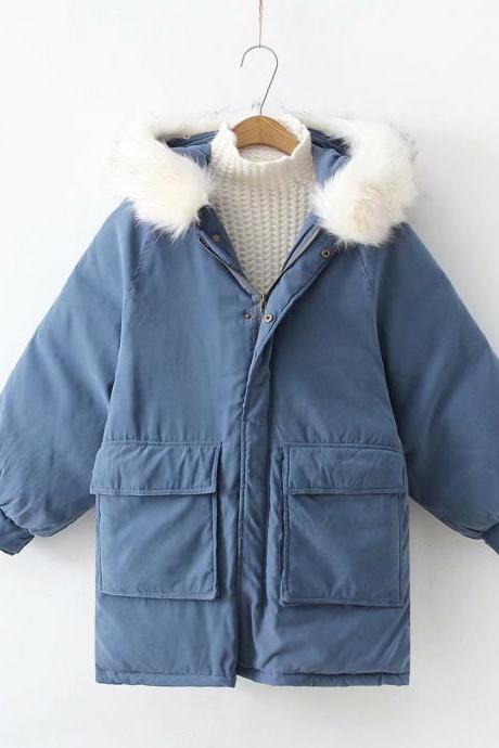 Women Parkas Coat Winter Warm Thick Long Sleeve Pockets Hooded Casual Loose Cotton Down Jacket Jeans Blue