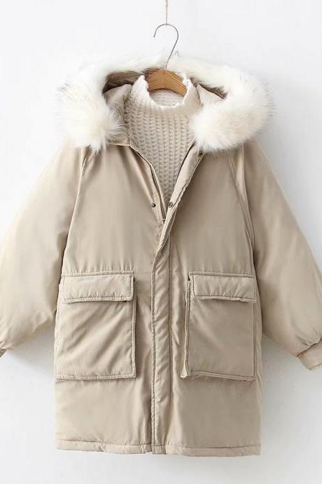  Women Parkas Coat Winter Warm Thick Long Sleeve Pockets Hooded Casual Loose Cotton Down Jacket khaki