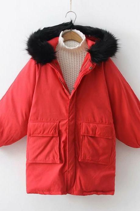 Women Parkas Coat Winter Warm Thick Long Sleeve Pockets Hooded Casual Loose Cotton Down Jacket Red