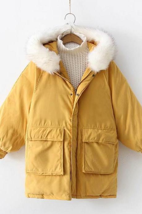 Women Parkas Coat Winter Warm Thick Long Sleeve Pockets Hooded Casual Loose Cotton Down Jacket Yellow