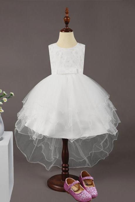  High Low Flower Girl Dress Sleeveless Trailing Wedding Birthday Toddler Party Tutu Gown Children Clothes off white