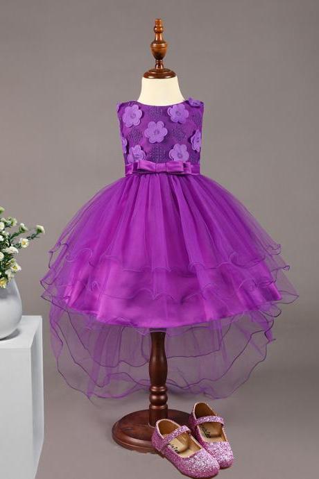 High Low Flower Girl Dress Sleeveless Trailing Wedding Birthday Toddler Party Tutu Gown Children Clothes purple