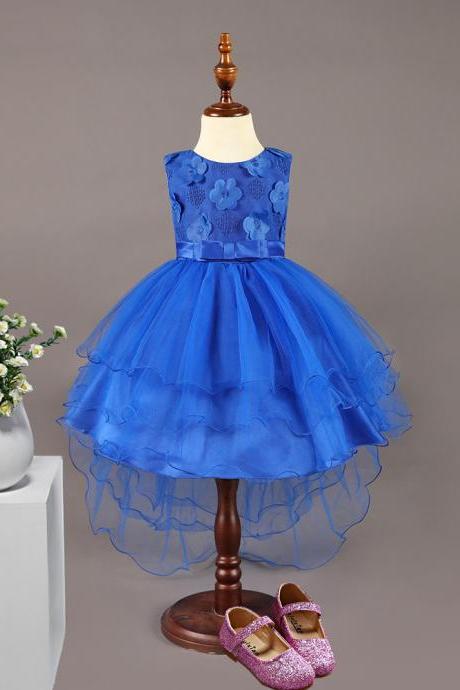 High Low Flower Girl Dress Sleeveless Trailing Wedding Birthday Toddler Party Tutu Gown Children Clothes royal blue