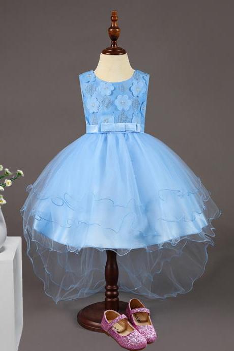 High Low Flower Girl Dress Sleeveless Trailing Wedding Birthday Toddler Party Tutu Gown Children Clothes sky blue