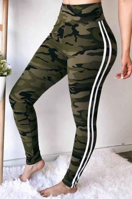 Women Camouflage Printed Leggings Elastic Waist Skinny Casual Fitness Jegging Camo Sweatpants Pencil Pants Army Green