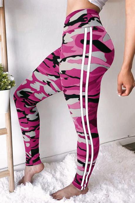 Women Camouflage Printed Leggings Elastic Waist Skinny Casual Fitness Jegging Camo Sweatpants Pencil Pants Deep Pink
