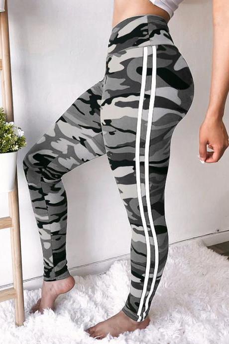 Women Camouflage Printed Leggings Elastic Waist Skinny Casual Fitness Jegging Camo Sweatpants Pencil Pants Gray
